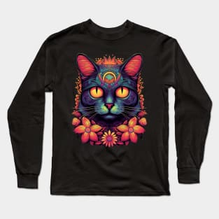 Colorful Abstract Cat and Flowers Design Long Sleeve T-Shirt